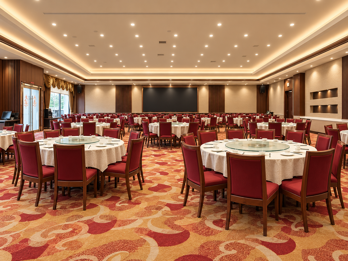 JING dining hall design with round tables and red chairs